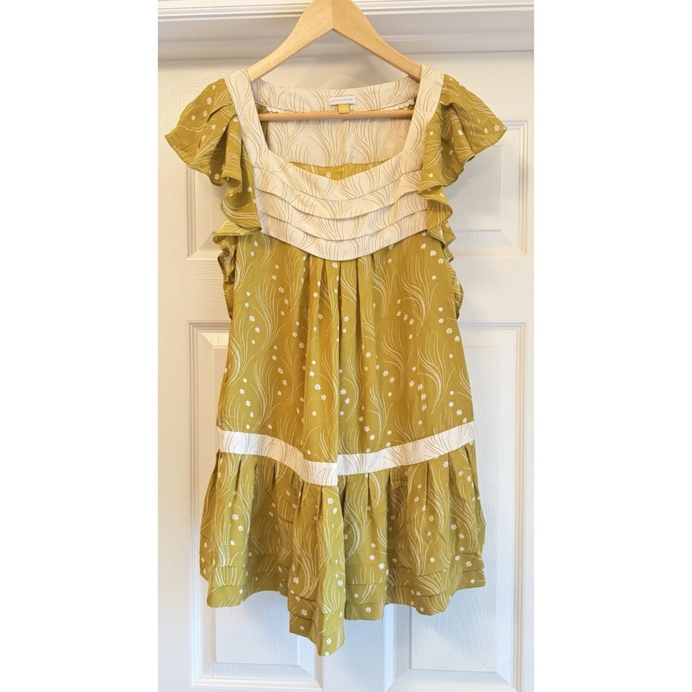 Leifsdottir Silk Mini Dress Women 8 Chartreuse Yellow Floral Flutter Sleeve Boho